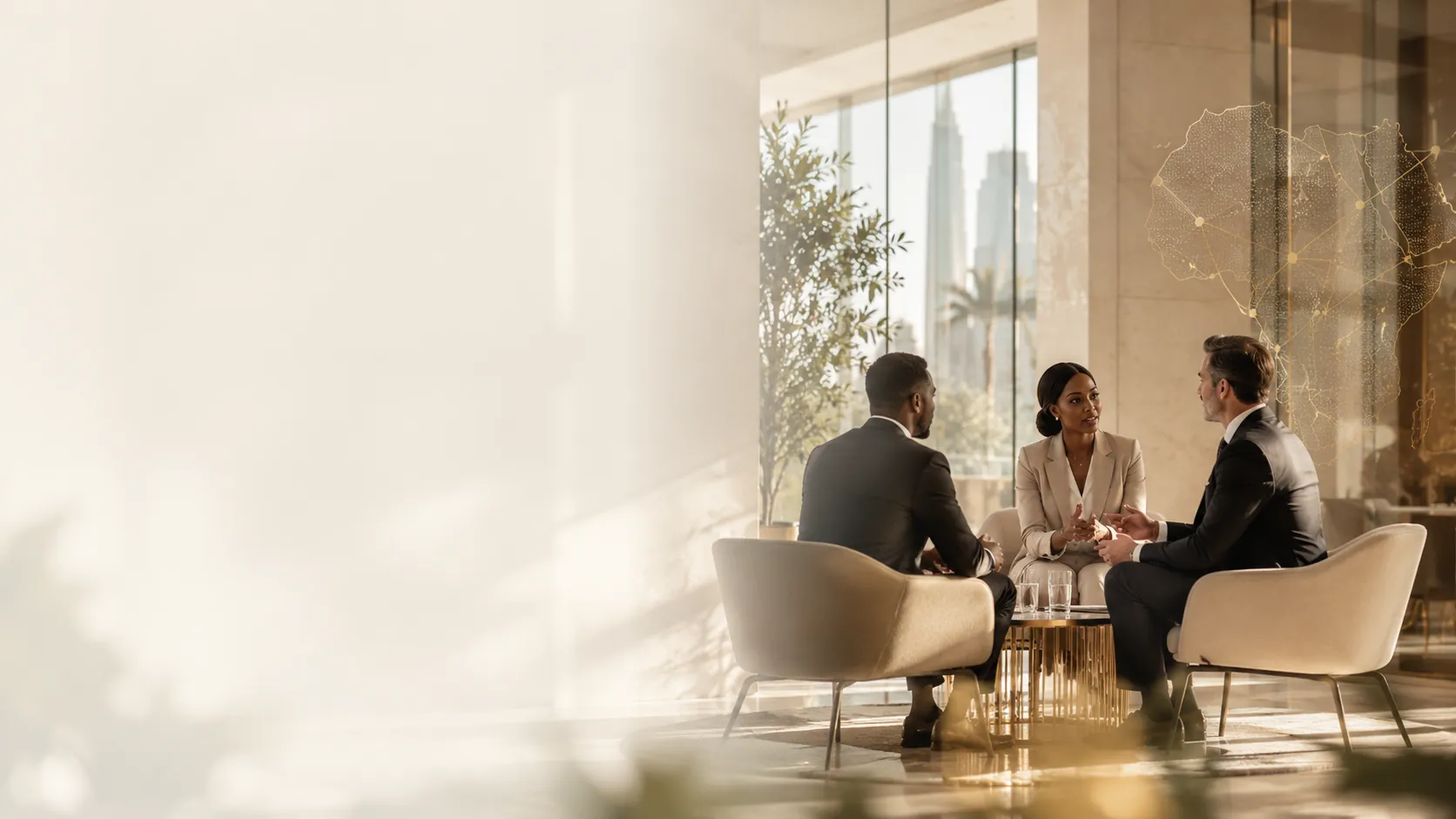 International commercial meeting in a sunlit office, Africa trade network etched on glass